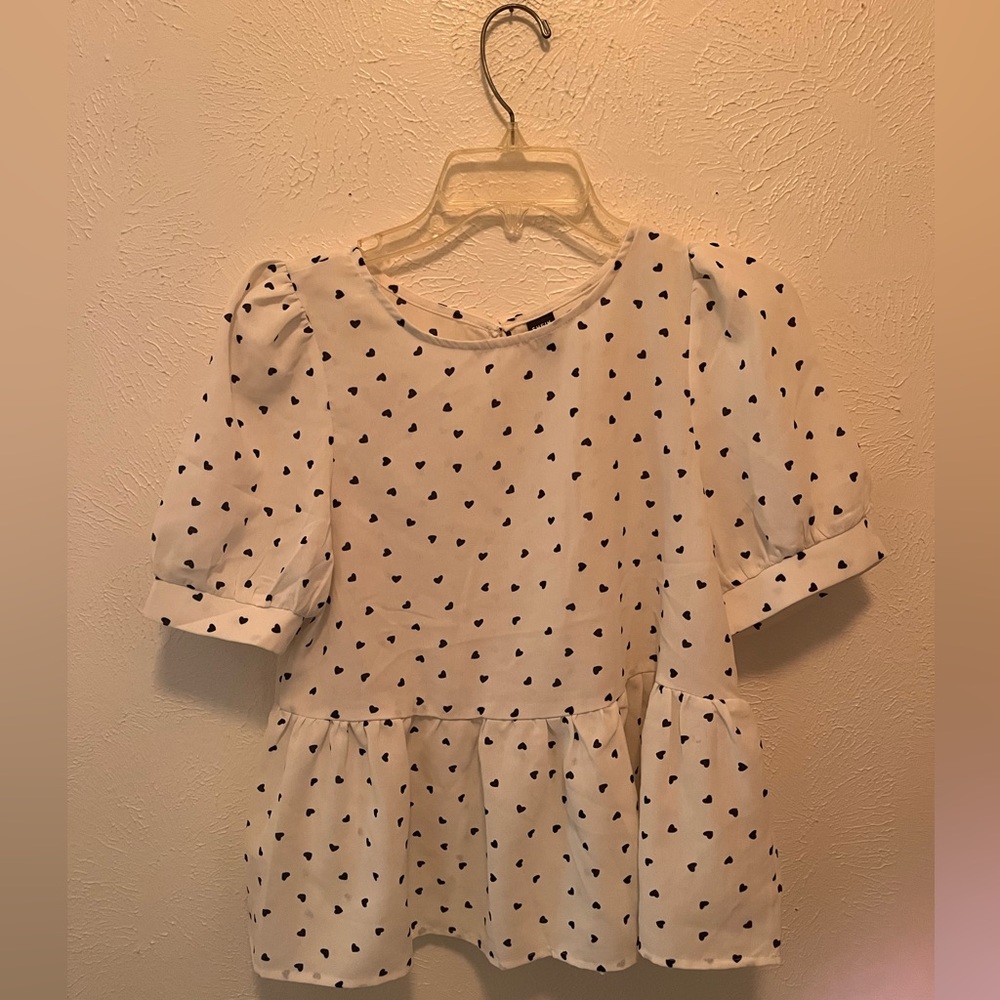White silk blouse with tiny black hearts. SHEIN. Size small.